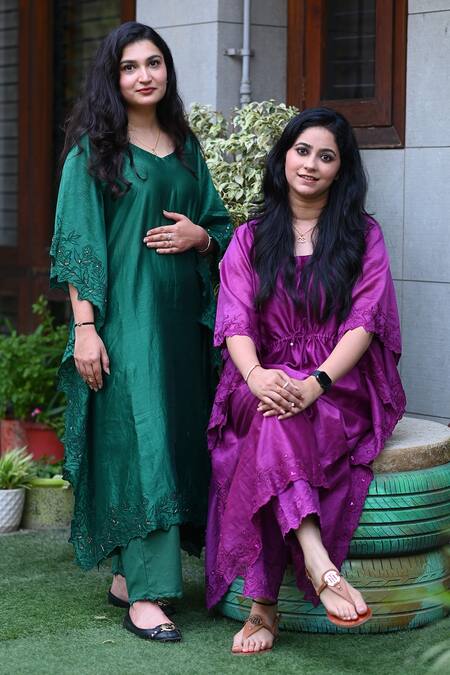 Buy_Anushka Repswal - Sewing Love_Green Kaftan Chanderi, Pants Cotton Sequin, Thread And Embroidered & Set _Online_at_Aza_Fashions