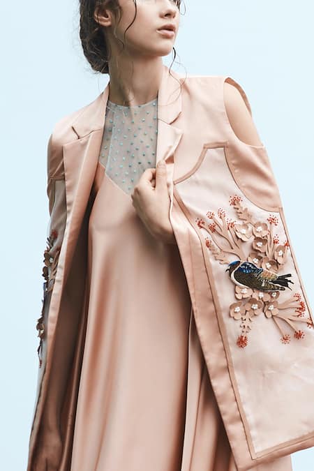 Shop Archana Rao Peach Satin Round Asymmetric Midi Dress at Aza Fashions Shop_Archana Rao_Peach Satin Round Asymmetric Midi Dress _at_Aza_Fashions