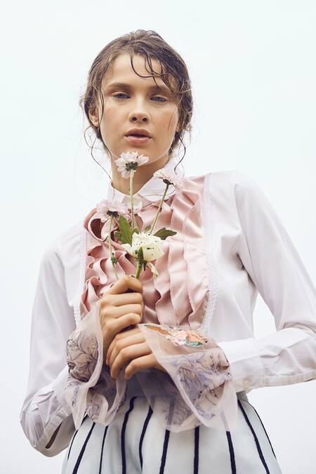 Archana Rao_White Cotton, Satin Spread Collar Ruffle Shirt _Online_at_Aza_Fashions