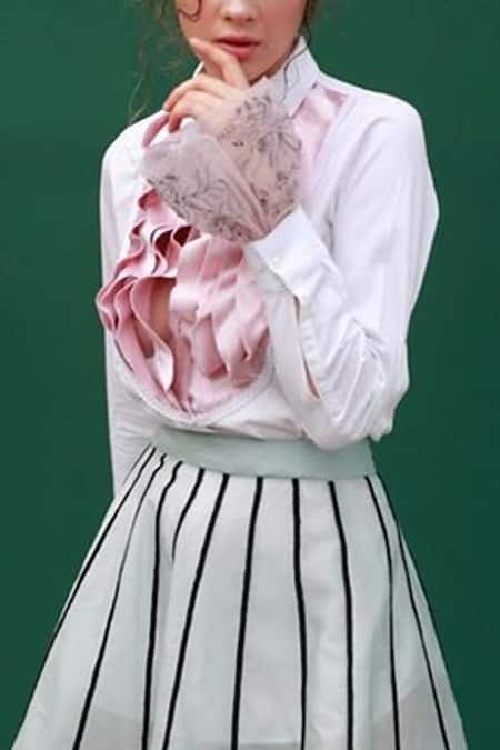 Shop Archana Rao Green Organza, Mesh Striped Midi Skirt at Aza Fashions Shop_Archana Rao_Green Organza, Mesh Striped Midi Skirt _at_Aza_Fashions