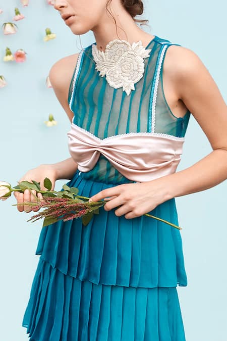 Shop Archana Rao Blue Satin Round Pleated Layered Dress at Aza Fashions Shop_Archana Rao_Blue Satin Round Pleated Layered Dress _at_Aza_Fashions