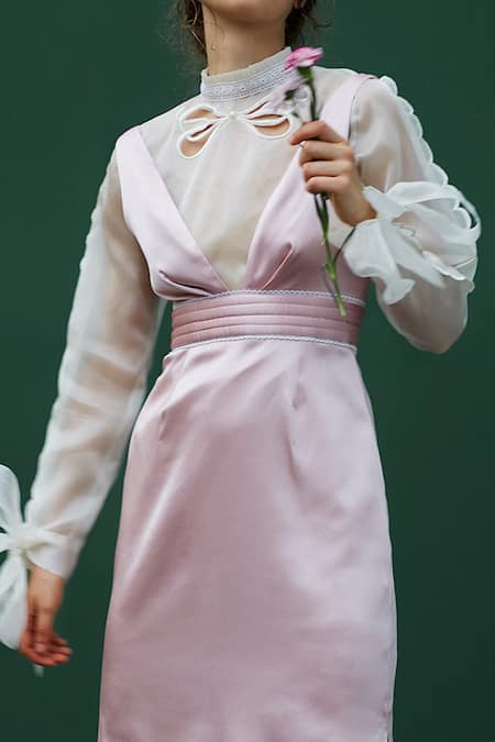 Shop Archana Rao Pink Satin V Neck Maxi Dress at Aza Fashions Shop_Archana Rao_Pink Satin V Neck Maxi Dress _at_Aza_Fashions