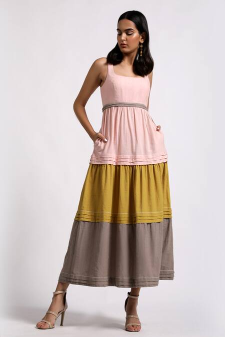 Madder Much_Multi Color Cotton Plain Straight Aria Tiered Dress _Online_at_Aza_Fashions
