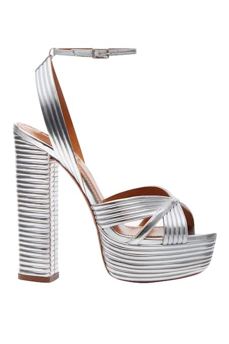 Shop Sephyr Silver Ruffles Pleated Ankle Strap Heels at Aza Fashions Shop_Sephyr_Silver Ruffles Pleated Ankle Strap Heels _at_Aza_Fashions