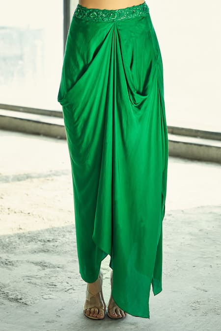 Aariyana Couture_Green Silk Satin, Viscose, Modal Beads, Organza Jacket And Draped Skirt Set _at_Aza_Fashions