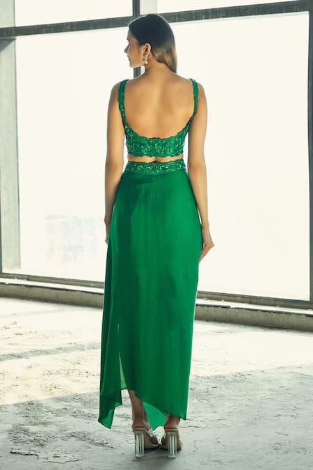 Aariyana Couture_Green Silk Satin, Viscose, Modal Beads, Organza Jacket And Draped Skirt Set _Online_at_Aza_Fashions
