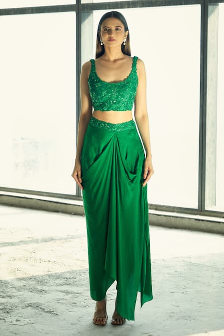Shop_Aariyana Couture_Green Silk Satin, Viscose, Modal Beads, Organza Jacket And Draped Skirt Set _Online_at_Aza_Fashions
