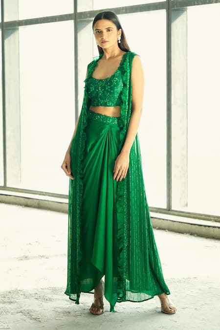 Buy_Aariyana Couture_Green Silk Satin, Viscose, Modal Beads, Organza Jacket And Draped Skirt Set _Online_at_Aza_Fashions