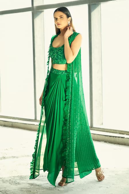 Aariyana Couture Green Silk Satin Organza Embroidery V Neck Jacket And Draped Skirt Set 