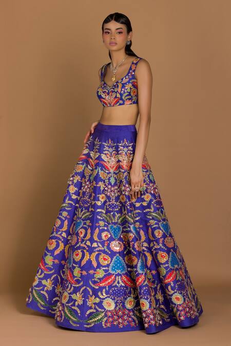 Aisha Rao_Blue Organza, Chiffon Scoop Neck Printed Bridal Lehenga Set _Online_at_Aza_Fashions