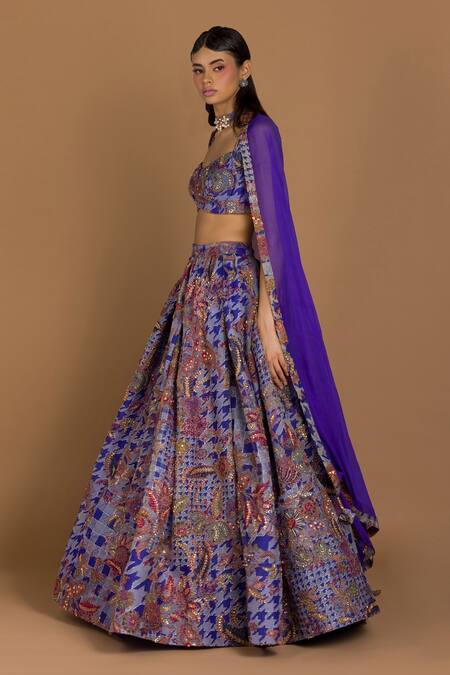 Buy_Aisha Rao_Blue Organza, Chiffon Scoop Neck Printed Bridal Lehenga Set _Online_at_Aza_Fashions