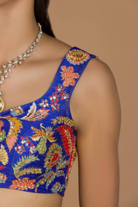 Shop_Aisha Rao_Blue Organza, Chiffon Scoop Neck Printed Bridal Lehenga Set _Online_at_Aza_Fashions