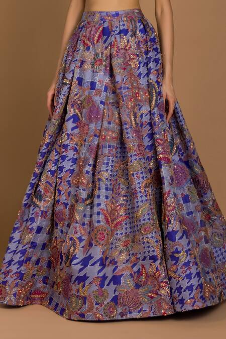 Aisha Rao_Blue Organza, Chiffon Scoop Neck Printed Bridal Lehenga Set _at_Aza_Fashions