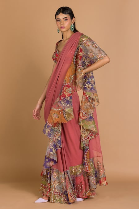 Aisha Rao Organza Ruffle Saree With Blouse 