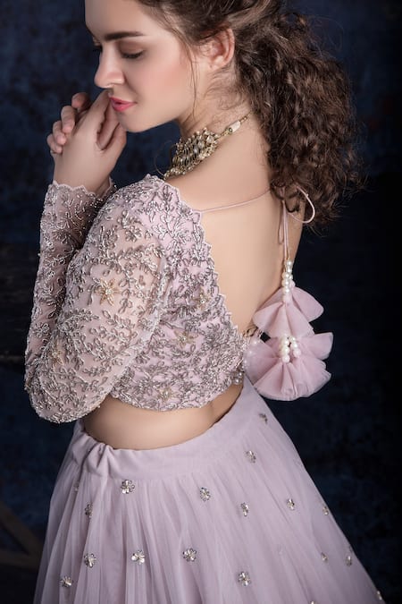 Ashwini Reddy_Purple V Neck Embroidered Bridal Lehenga Set_Online_at_Aza_Fashions