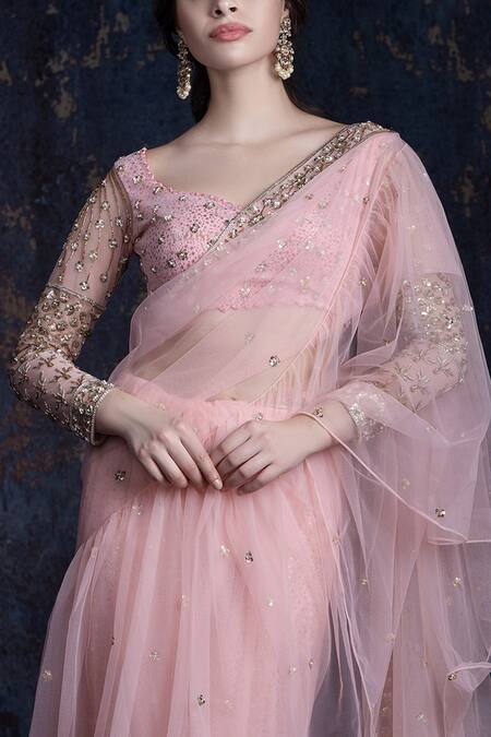 Ashwini Reddy_Purple Soft Tulle Sweetheart Neck Embroidered Ruffle Saree With Blouse_Online_at_Aza_Fashions