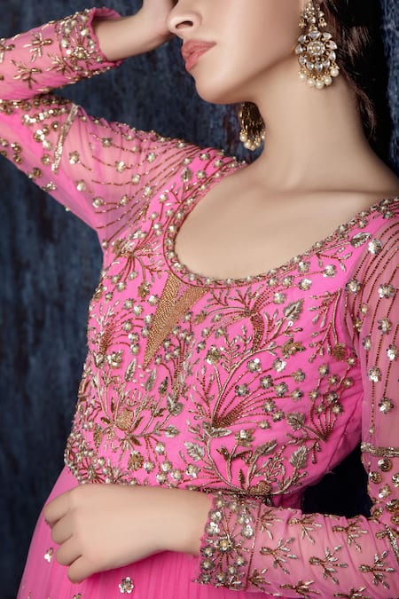 Ashwini Reddy_Pink Tulle Boat Embroidered Anarkali Gown_Online_at_Aza_Fashions