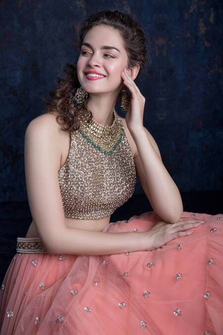 Ashwini Reddy_Peach Tulle Round Embroidered Lehenga Set_Online_at_Aza_Fashions