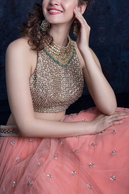 Buy_Ashwini Reddy_Peach Tulle Round Embroidered Lehenga Set_Online_at_Aza_Fashions