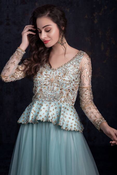 Shop Ashwini Reddy Blue Tulle V Neck Embroidered Kurta Lehenga Set at Aza Fashions Shop_Ashwini Reddy_Blue Tulle V Neck Embroidered Kurta Lehenga Set_at_Aza_Fashions