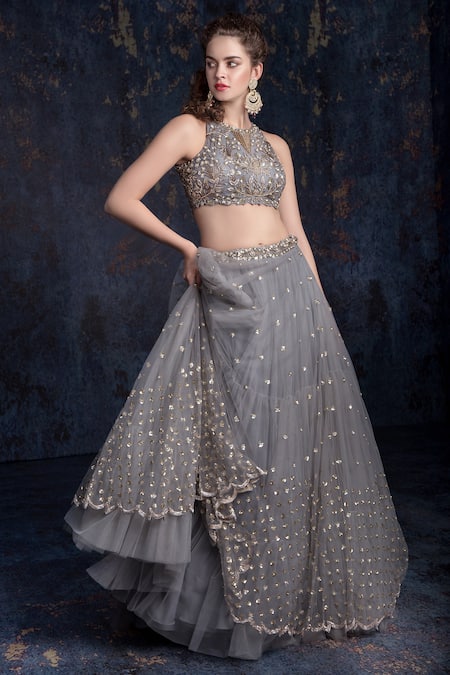Indian Wedding Saree - Net grey lehenga choli with a matching dupatta  embellished with thread, zari. . . Price: US$ 36.40 . . Product code:  1654255 . . . #indianweddingsaree #silk #lehengacholi #weddingdress  #indiandress #bridallehenga #womendress ...