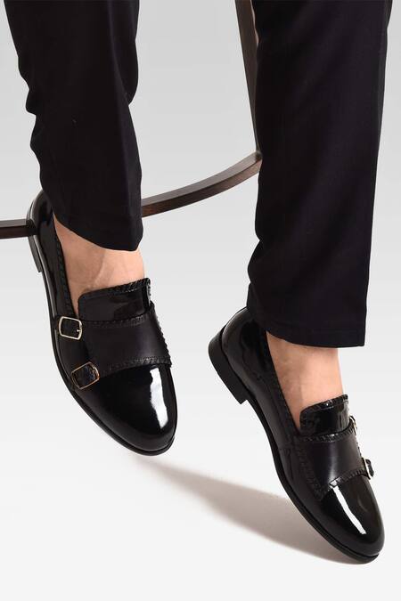 Luxoro Formello_Black Hand Painted Double Monk Loafers _Online_at_Aza_Fashions