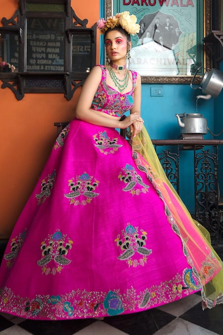 Aisha Rao Pink Hand Embellished Raw Silk Lehenga Set