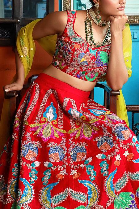 Shop Aisha Rao Red Hand Embellished Raw Silk Lehenga Set at Aza Fashions Shop_Aisha Rao_Red Hand Embellished Raw Silk Lehenga Set_at_Aza_Fashions
