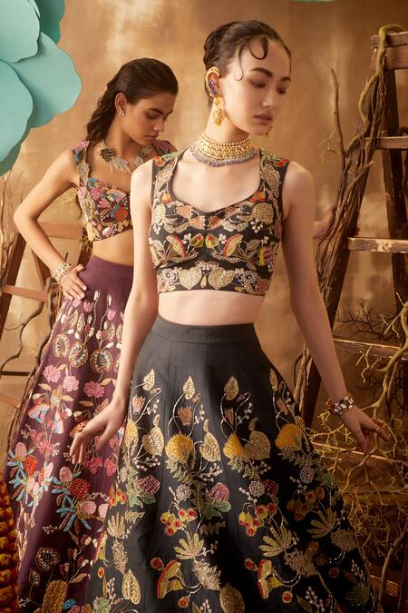 Shop_Aisha Rao_Black Leaf Neck Embellished Lehenga Set _Online_at_Aza_Fashions