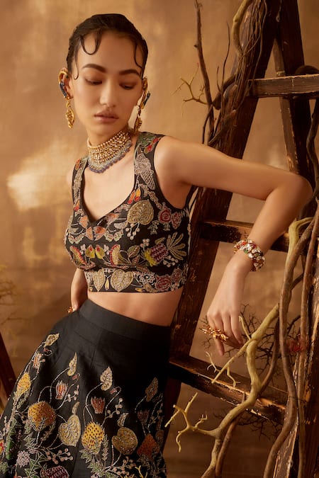 Shop_Aisha Rao_Black Leaf Neck Embellished Lehenga Set _at_Aza_Fashions