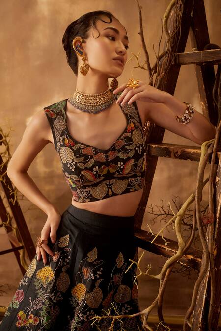 Aisha Rao_Black Leaf Neck Embellished Lehenga Set _Online_at_Aza_Fashions