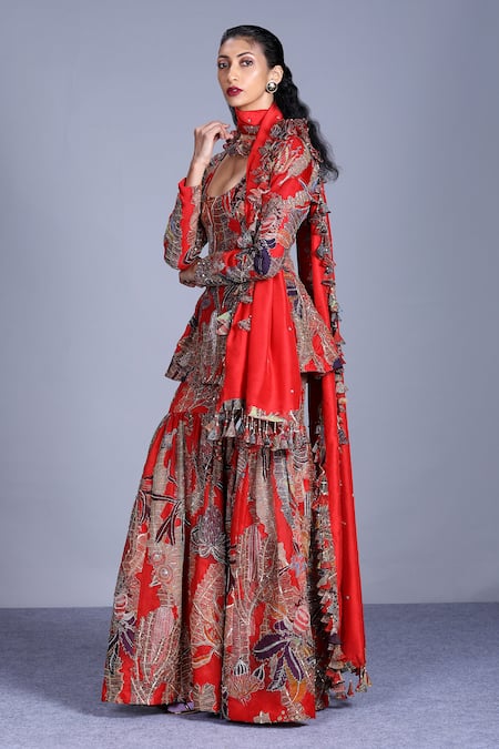 Shop_Aisha Rao_Red Kurta And Pant Organza Dupatta Silk Embellished Sharara Set _at_Aza_Fashions