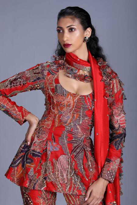 Aisha Rao_Red Kurta And Pant Organza Dupatta Silk Embellished Sharara Set _Online_at_Aza_Fashions