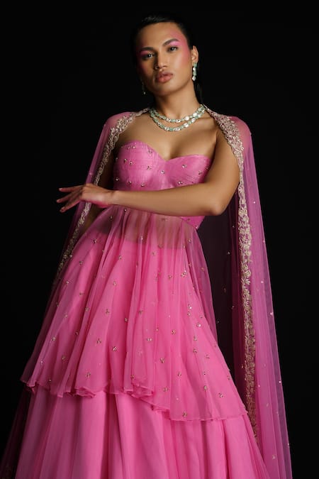 Ahanthem By Reena_Pink Raw Silk, Tulle Sequin, Gold Thread Work Embroidered Peplum Lehenga Set_Online_at_Aza_Fashions
