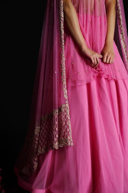 Buy_Ahanthem By Reena_Pink Raw Silk, Tulle Sequin, Gold Thread Work Embroidered Peplum Lehenga Set_Online_at_Aza_Fashions