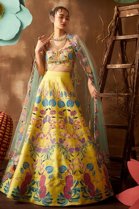 Aisha Rao Yellow Sweetheart Neck Embellished Lehenga Set  