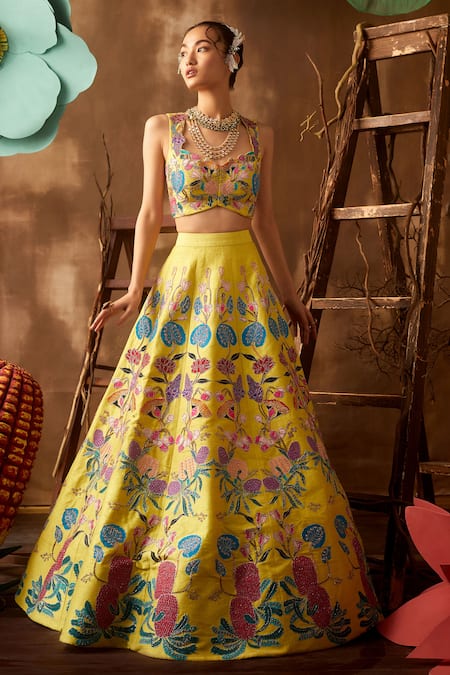 Shop Aisha Rao Yellow Sweetheart Neck Embellished Lehenga Set at Aza Fashions Shop_Aisha Rao_Yellow Sweetheart Neck Embellished Lehenga Set _at_Aza_Fashions