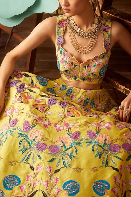Shop Aisha Rao Yellow Sweetheart Neck Embellished Lehenga Set Online at Aza Fashions Shop_Aisha Rao_Yellow Sweetheart Neck Embellished Lehenga Set _Online_at_Aza_Fashions