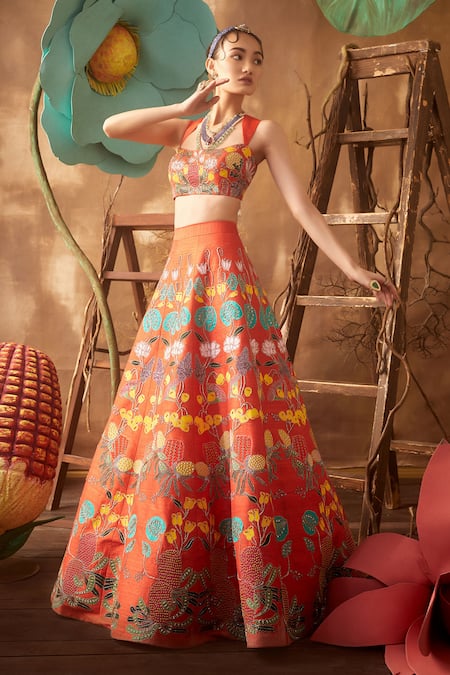 Shop_Aisha Rao_Orange Lehenga And Blouse Raw Silk Dupatta Net Square Neck Embellished Set _at_Aza_Fashions