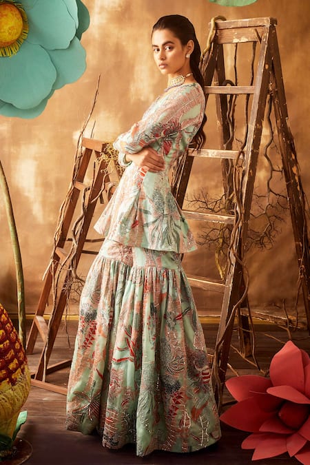 Aisha Rao_Blue Satin Organza U Neck Embellished Kurta And Sharara Set _Online_at_Aza_Fashions