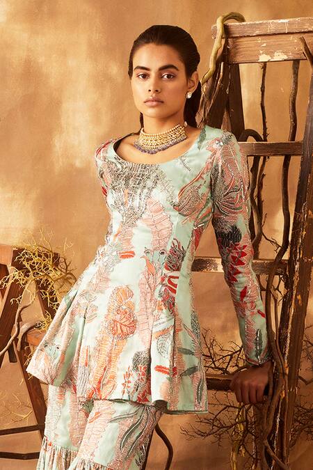 Buy_Aisha Rao_Blue Satin Organza U Neck Embellished Kurta And Sharara Set _Online_at_Aza_Fashions