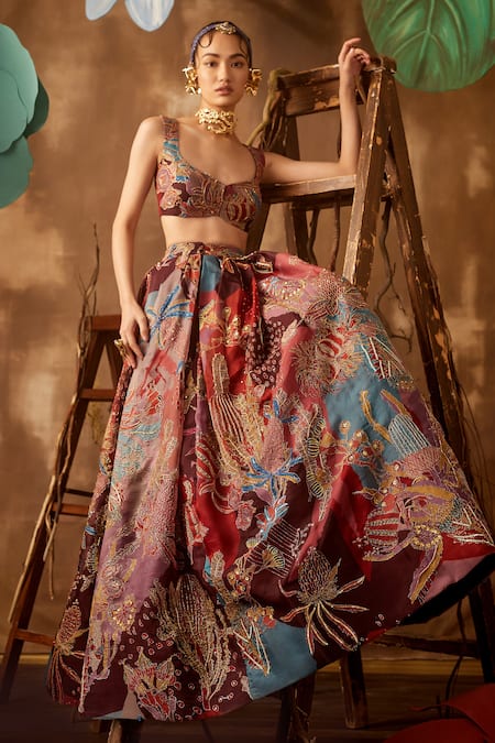 Shop_Aisha Rao_Maroon Organza, Tulle V Neck Embellished Bridal Lehenga Set _at_Aza_Fashions