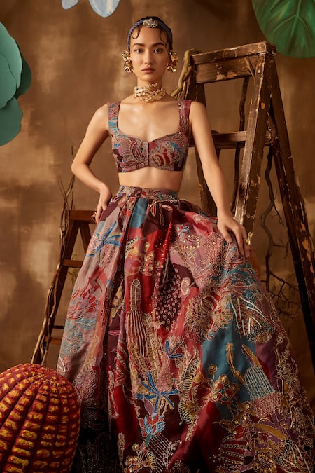 Aisha Rao_Maroon Organza, Tulle V Neck Embellished Bridal Lehenga Set _Online_at_Aza_Fashions