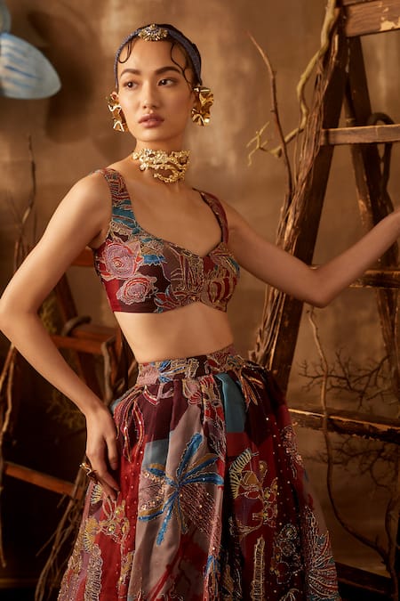 Buy_Aisha Rao_Maroon Organza, Tulle V Neck Embellished Bridal Lehenga Set _Online_at_Aza_Fashions