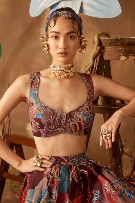 Aisha Rao_Maroon Organza, Tulle V Neck Embellished Bridal Lehenga Set _at_Aza_Fashions