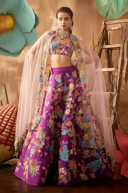 Aisha Rao Purple V Neck Embellished Lehenga Set  