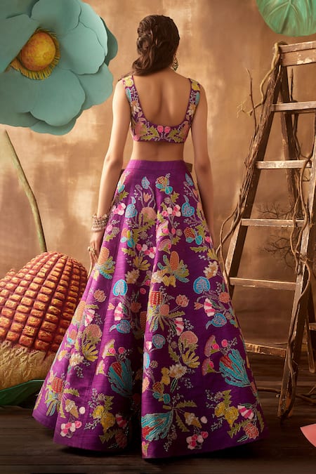 Shop_Aisha Rao_Purple V Neck Embellished Lehenga Set _at_Aza_Fashions