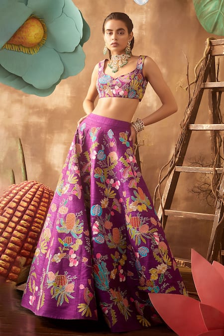 Aisha Rao_Purple V Neck Embellished Lehenga Set _Online_at_Aza_Fashions