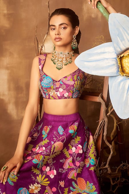Shop_Aisha Rao_Purple V Neck Embellished Lehenga Set _Online_at_Aza_Fashions