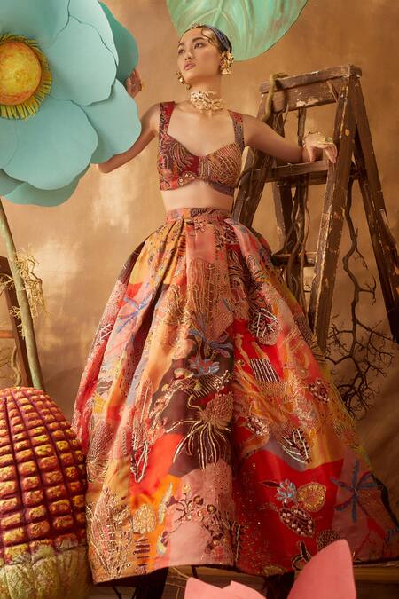 Aisha Rao Red Organza, Tulle V Neck Embellished Bridal Lehenga Set Online at Aza Fashions Aisha Rao_Red Organza, Tulle V Neck Embellished Bridal Lehenga Set _Online_at_Aza_Fashions